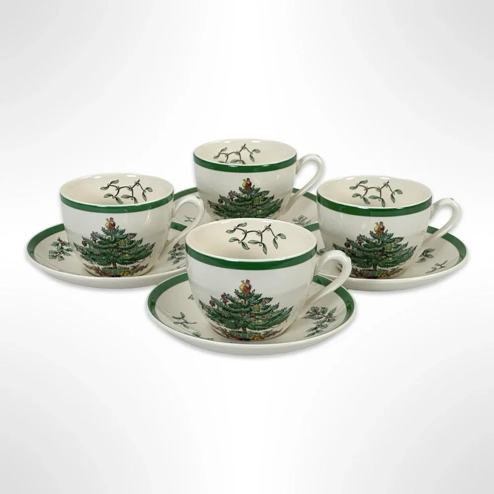 Spode Christmas‎ Tree Tea Cups Saucers Set of 4 England S3324 Holiday Ceramic